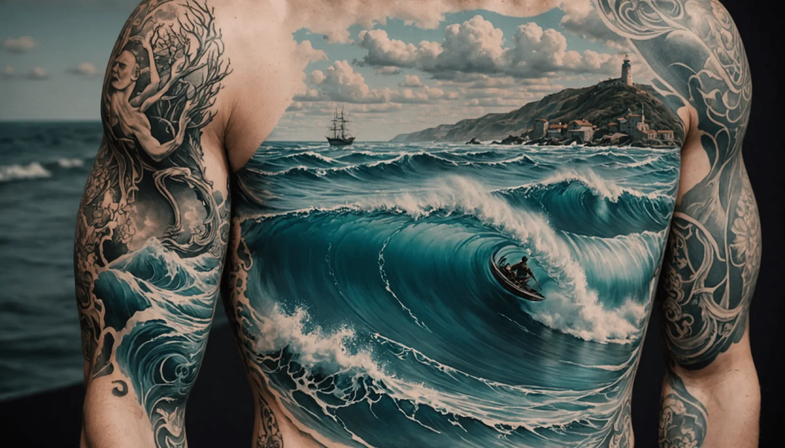 Gros plan sur un avant-bras tatoué, motifs noirs sur fond clair