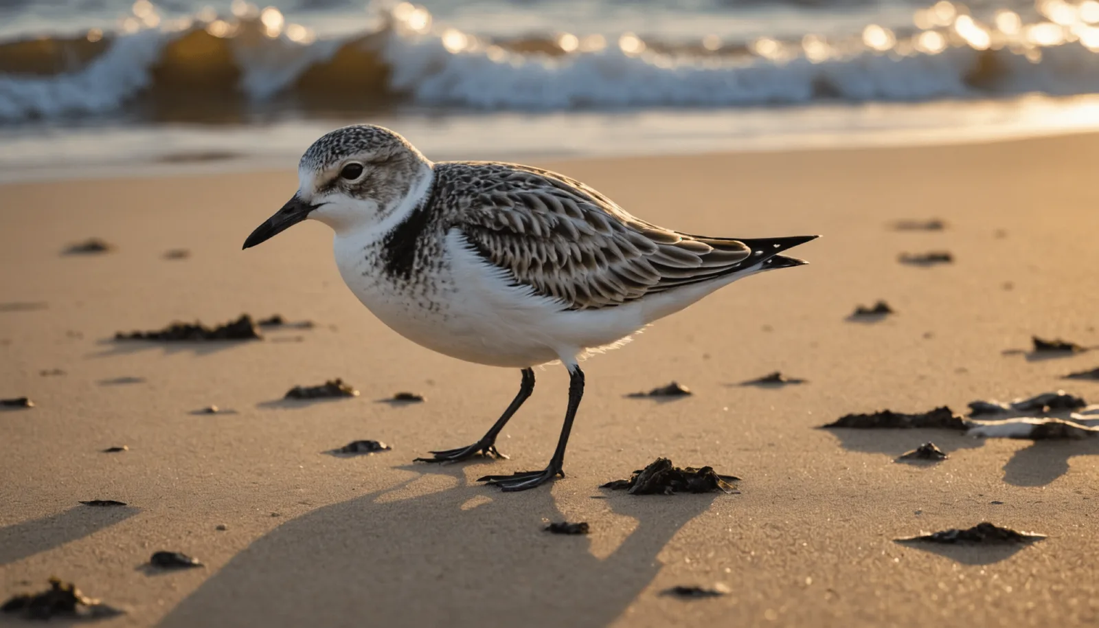 Un petit bécasseau clair court sur le sable humide au bord des vagues