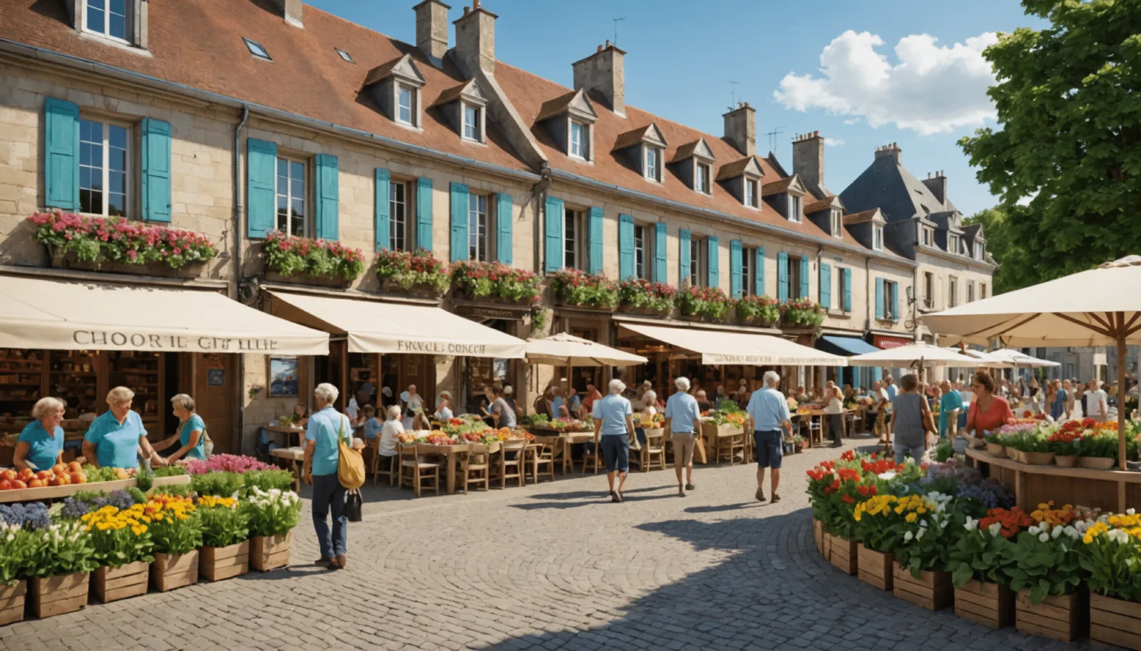 Vue de la place du Marche de Pornichet un jour de semaine, commerces et terrasses