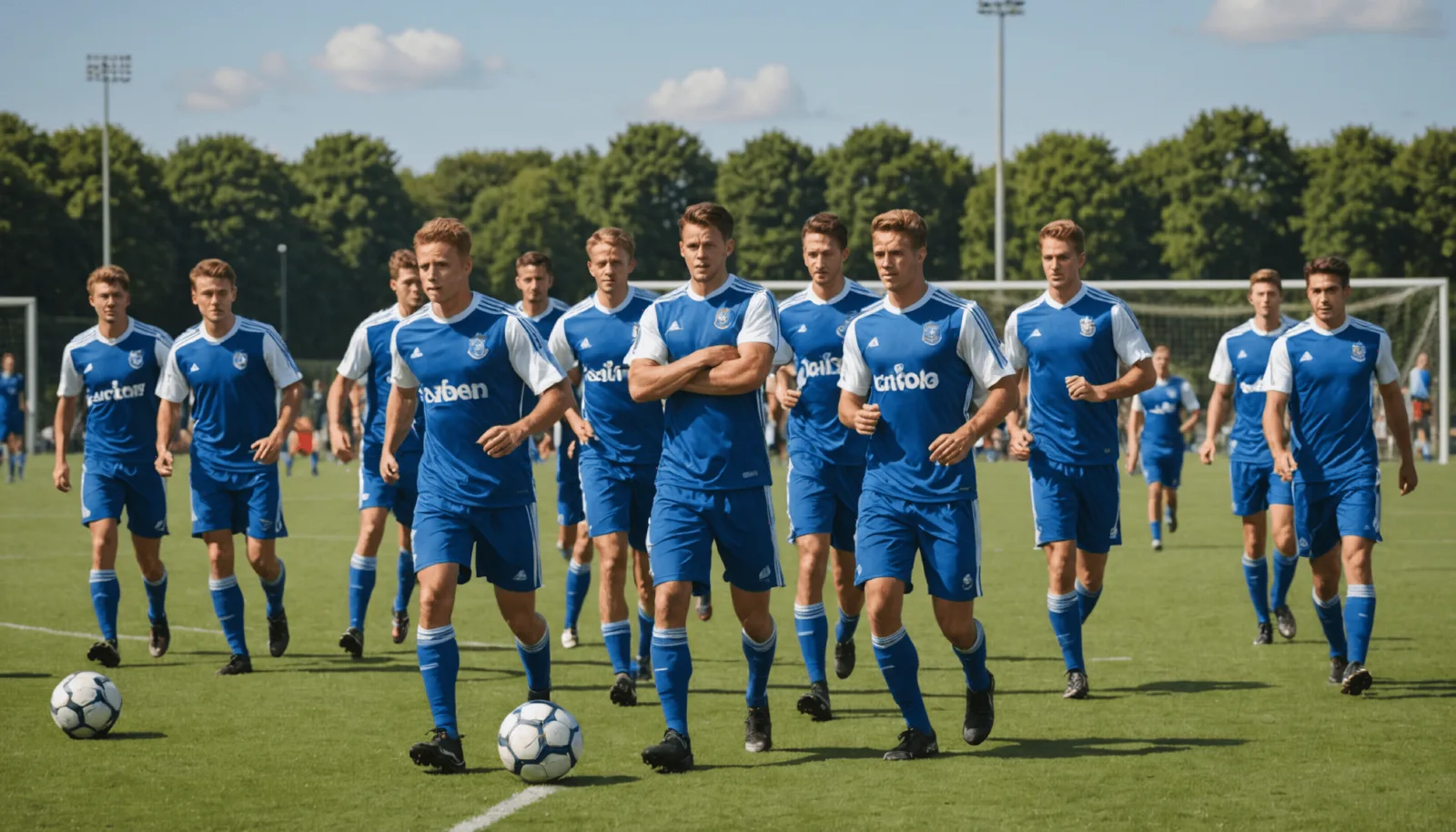 Joueurs a l'entrainement sur un terrain de football en herbe, en fin de journee
