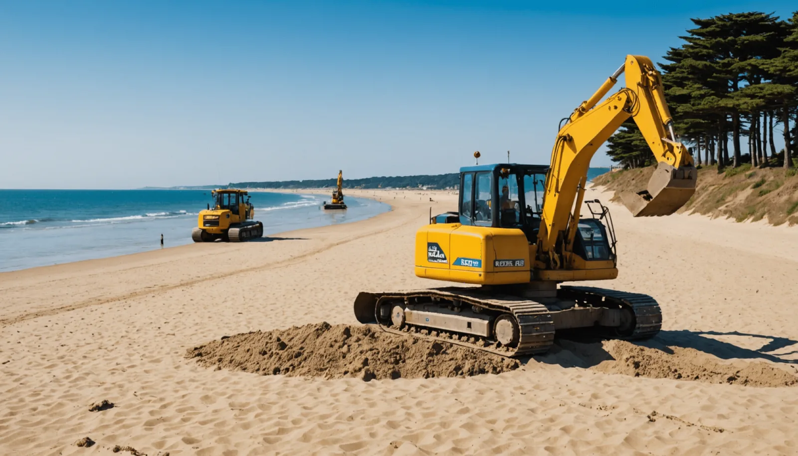 Des pelleteuses déplacent du sable sur la plage entre Pornichet et La Baule